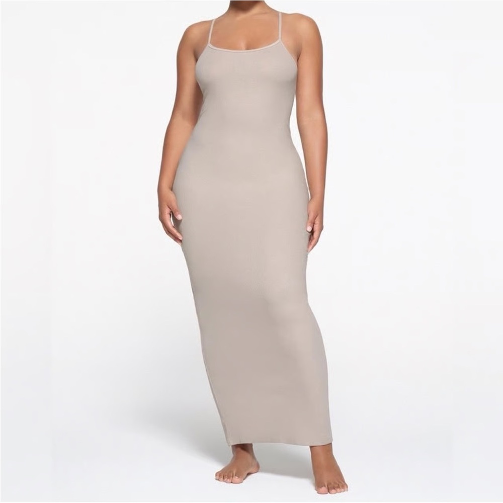 Skims Ribbed Knit Dress in Light Beige